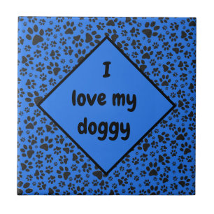 Dog Paws Black & White Polka Dot on tech blue Tile