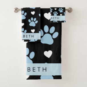 Dog Paws, Blue Paws, White Hearts, Your Name Bath Towel Set