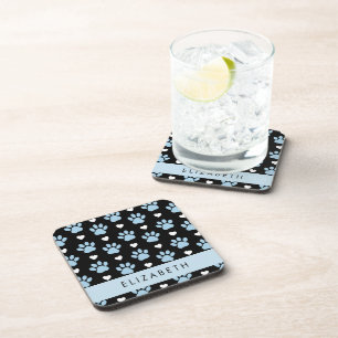 Dog Paws, Blue Paws, White Hearts, Your Name Coaster