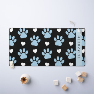Dog Paws, Blue Paws, White Hearts, Your Name Desk Mat
