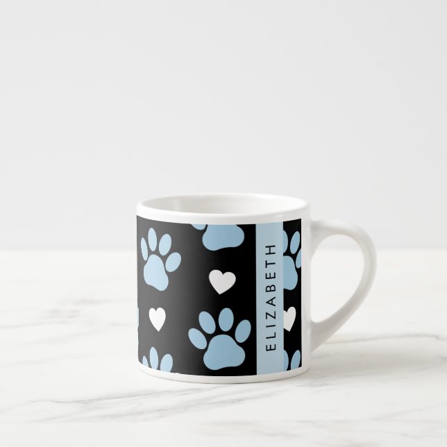 Dog Paws, Blue Paws, White Hearts, Your Name Espresso Cup (Right)