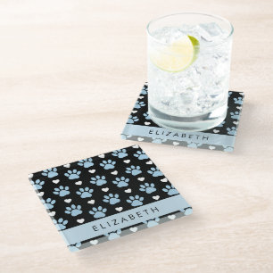 Dog Paws, Blue Paws, White Hearts, Your Name Glass Coaster