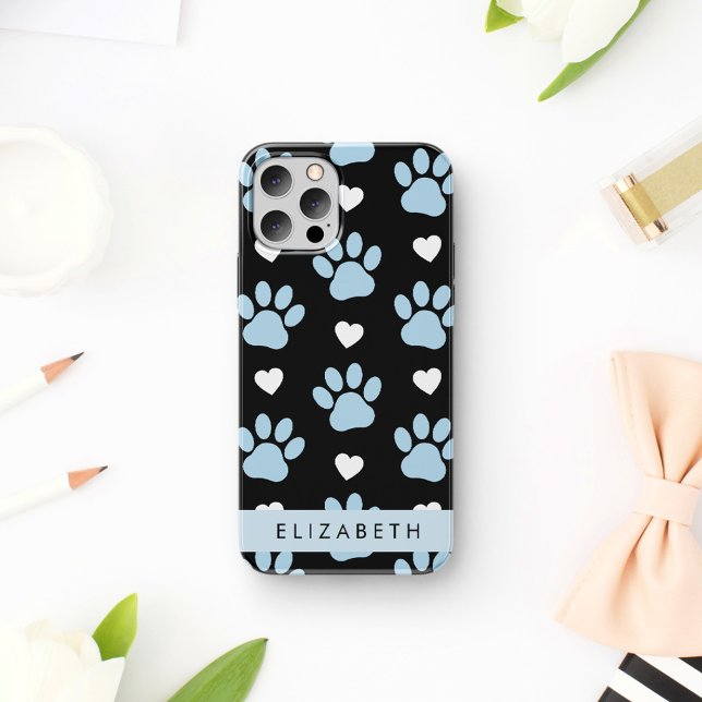 Dog Paws, Blue Paws, White Hearts, Your Name iPhone 16 Case (Creator Uploaded)