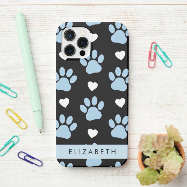 Dog Paws, Blue Paws, White Hearts, Your Name iPhone Case (On Desk)