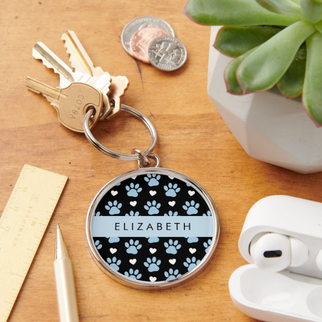 Dog Paws, Blue Paws, White Hearts, Your Name Key Ring (Desk)