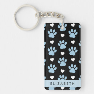 Dog Paws, Blue Paws, White Hearts, Your Name Key Ring