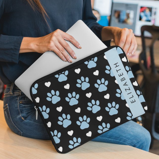 Dog Paws, Blue Paws, White Hearts, Your Name Laptop Sleeve (Creator Uploaded)
