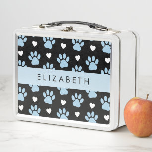 Dog Paws, Blue Paws, White Hearts, Your Name Metal Lunch Box