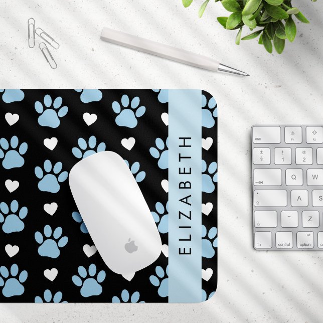 Dog Paws, Blue Paws, White Hearts, Your Name Mouse Pad (Creator Uploaded)