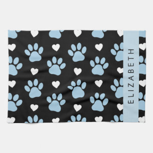 Dog Paws, Blue Paws, White Hearts, Your Name Tea Towel