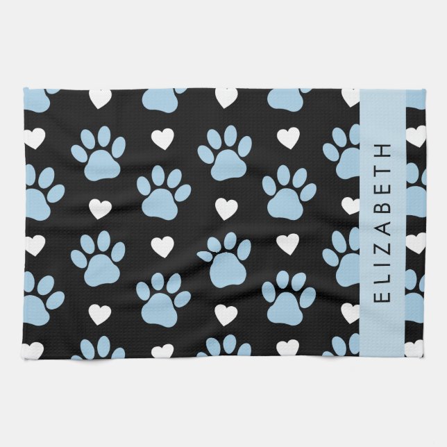 Dog Paws, Blue Paws, White Hearts, Your Name Tea Towel (Horizontal)