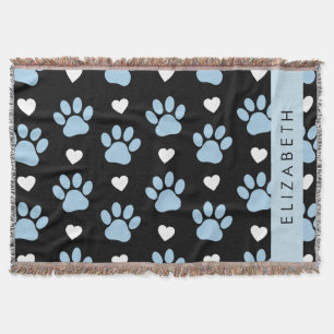 Dog Paws, Blue Paws, White Hearts, Your Name Throw Blanket