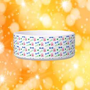Dog Paws Bones Hearts Woof Pattern Pink Blue Green Bowl