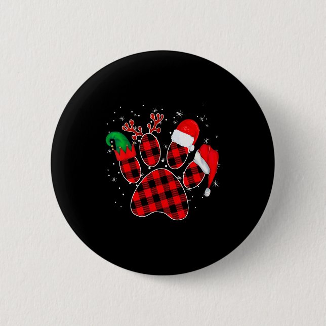 Dog Paws Christmas Buffalo Plaid Paw Santa Elf Rei 6 Cm Round Badge (Front)