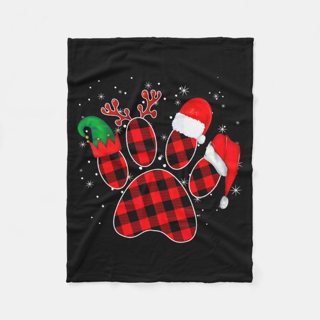 Dog Paws Christmas Buffalo Plaid Paw Santa Elf Rei Fleece Blanket (Front)
