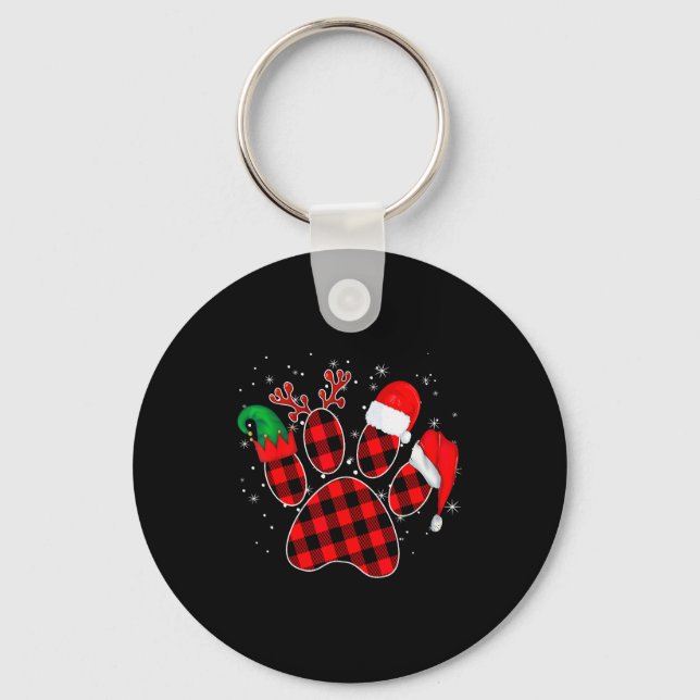 Dog Paws Christmas Buffalo Plaid Paw Santa Elf Rei Key Ring (Front)