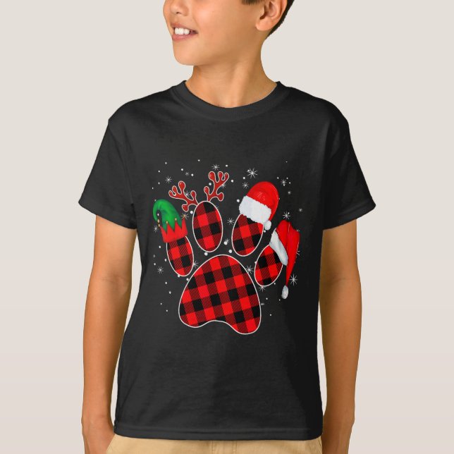 Dog Paws Christmas Buffalo Plaid Paw Santa Elf Rei T-Shirt (Front)
