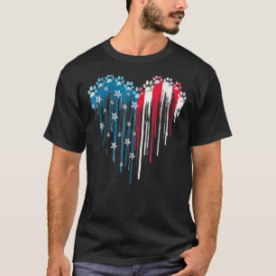 Dog Paws Heart American Flag Dripping T-Shirt