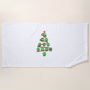 Dog Paws Print Christmas Tree for Dog Lovers  Beach Towel