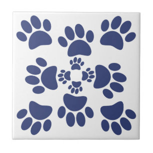 Dog Paws Prints Portuguese Style White and Blue Tile