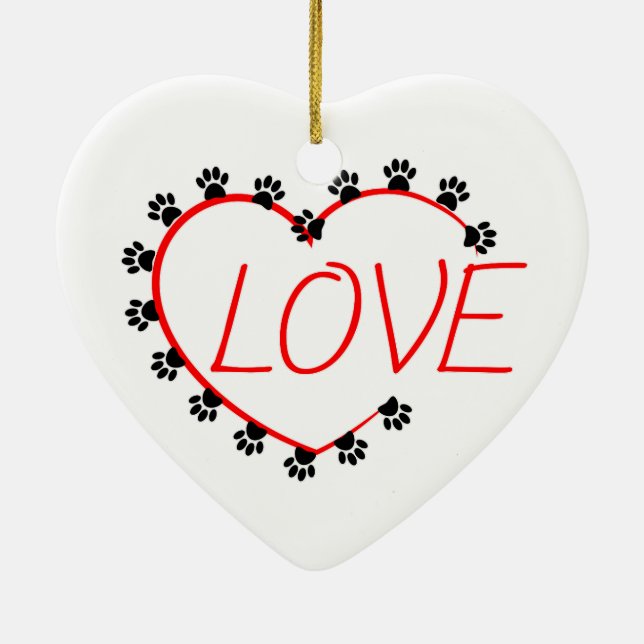 Dog Paws Red Heart Love Ceramic Tree Decoration (Back)