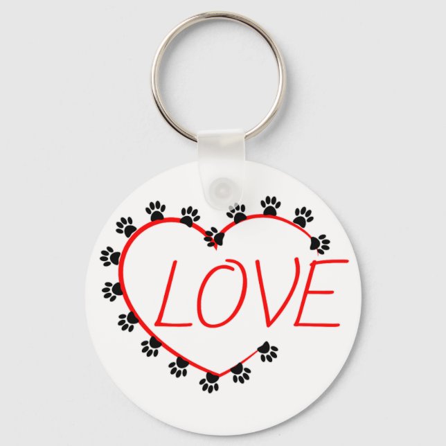 Dog Paws Red Heart Love Key Ring (Front)