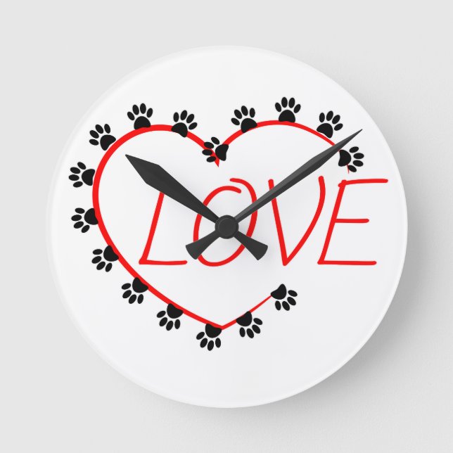 Dog Paws Red Heart Love Round Clock (Front)