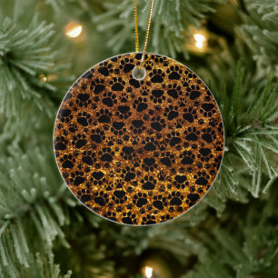 Dog Paws, Traces, Paw-prints, Glitter - Gold Black Ceramic Tree Decoration