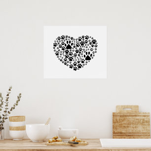 Dog Paws, Trails, Paw-prints, Heart - Black Poster
