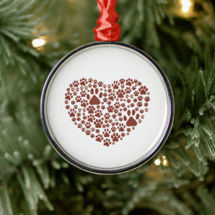 Dog Paws, Trails, Paw-prints, Heart - Brown Metal Tree Decoration