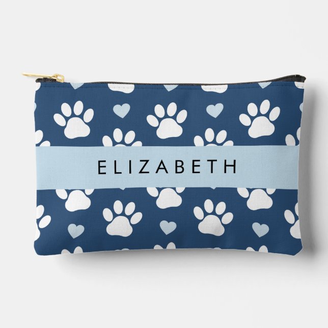 Dog Paws, White Paws, Blue Hearts, Your Name Accessory Pouch (Front)