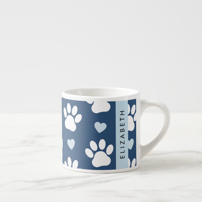 Dog Paws, White Paws, Blue Hearts, Your Name Espresso Cup (Right)