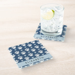 Dog Paws, White Paws, Blue Hearts, Your Name Glass Coaster