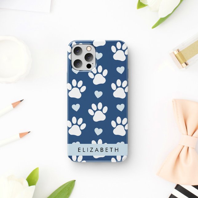Dog Paws, White Paws, Blue Hearts, Your Name iPhone 16 Case (Creator Uploaded)