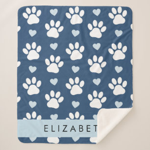Dog Paws, White Paws, Blue Hearts, Your Name Sherpa Blanket