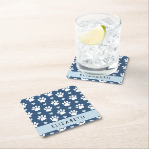 Dog Paws, White Paws, Blue Hearts, Your Name Square Paper Coaster