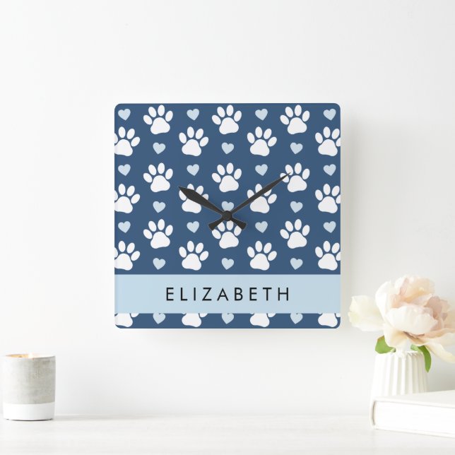Dog Paws, White Paws, Blue Hearts, Your Name Square Wall Clock (Home)