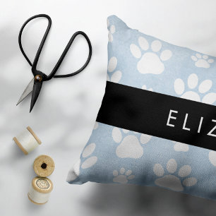 Dog Paws, White Paws, Blue Watercolors, Your Name Decorative Cushion