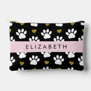Dog Paws, White Paws, Gold Hearts, Your Name Accessory Pouch