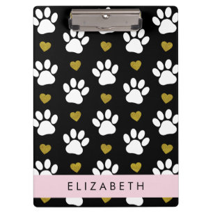 Dog Paws, White Paws, Gold Hearts, Your Name Clipboard