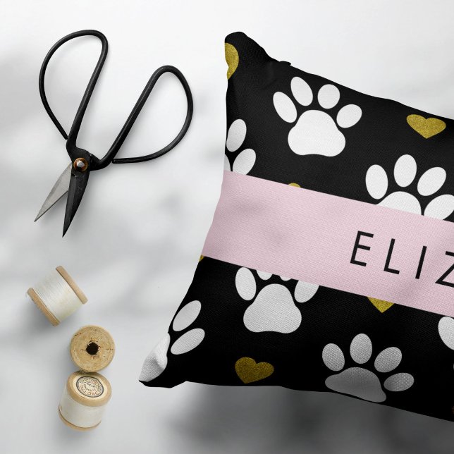 Dog Paws, White Paws, Gold Hearts, Your Name Decorative Cushion (Creator Uploaded)