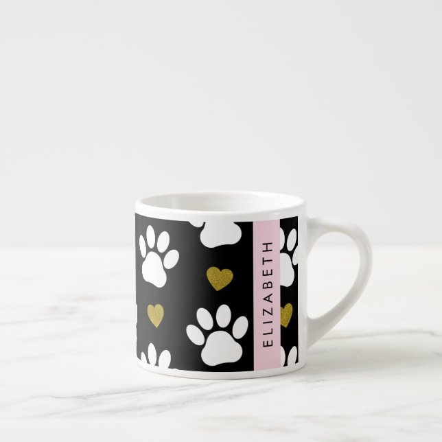 Dog Paws, White Paws, Gold Hearts, Your Name Espresso Cup (Right)