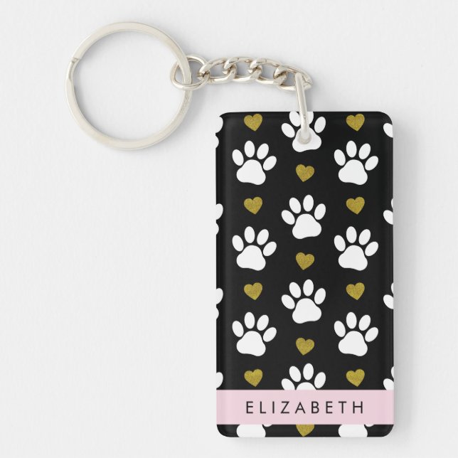 Dog Paws, White Paws, Gold Hearts, Your Name Key Ring (Front)