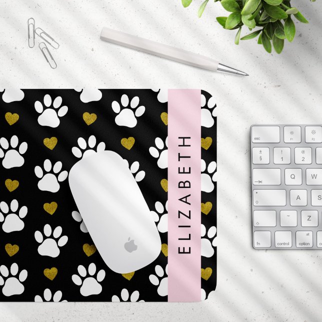 Dog Paws, White Paws, Gold Hearts, Your Name Mouse Pad (Creator Uploaded)