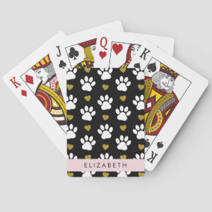 Dog Paws, White Paws, Gold Hearts, Your Name Playing Cards