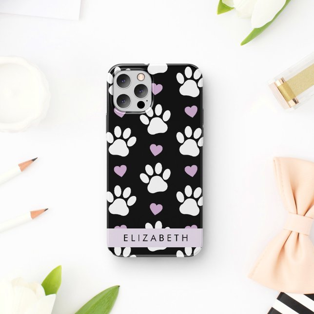 Dog Paws, White Paws, Lilac Hearts, Your Name Case-Mate iPhone Case (Creator Uploaded)