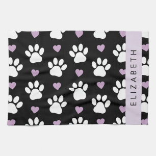 Dog Paws, White Paws, Lilac Hearts, Your Name Tea Towel