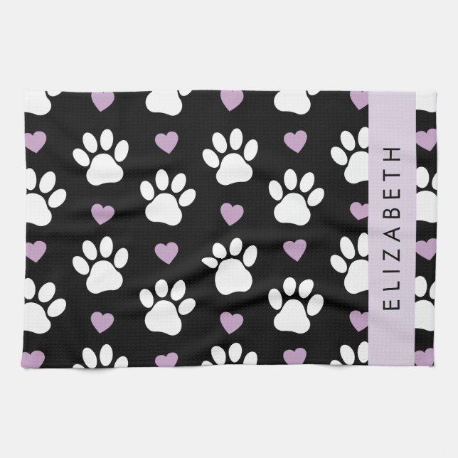 Dog Paws, White Paws, Lilac Hearts, Your Name Tea Towel (Horizontal)