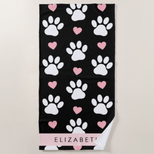 Dog Paws, White Paws, Pink Hearts, Your Name Beach Towel