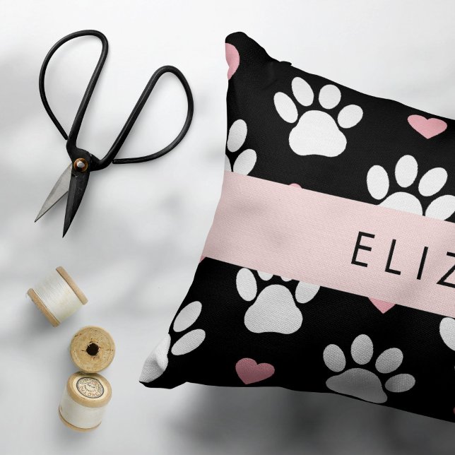 Dog Paws, White Paws, Pink Hearts, Your Name Decorative Cushion (Creator Uploaded)